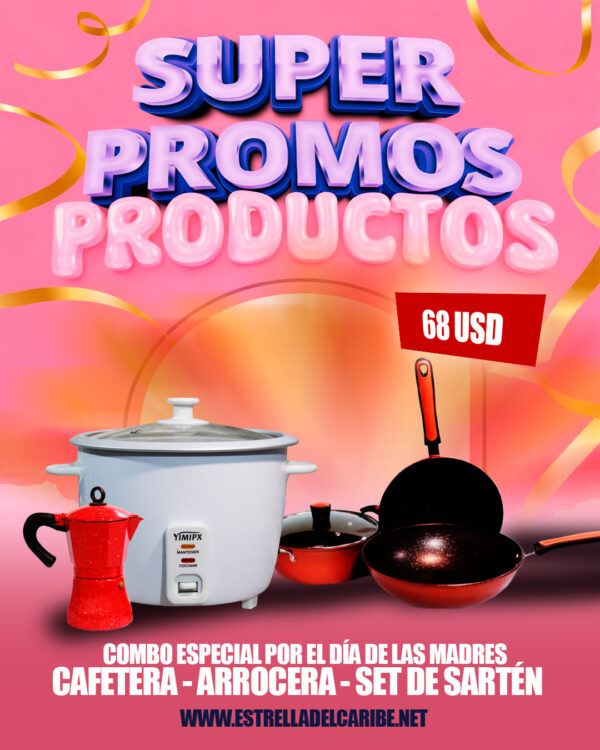 combo de cafetera, arrocera y set de sarten